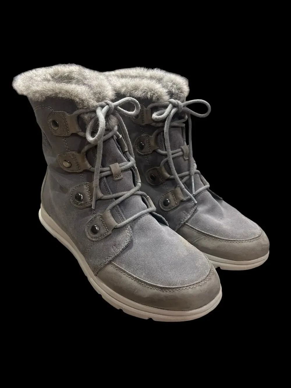 Sorel Explorer Joan Winter Boots-Women Sz 11-Gray Suede-Nl3039-052-Fur Trim